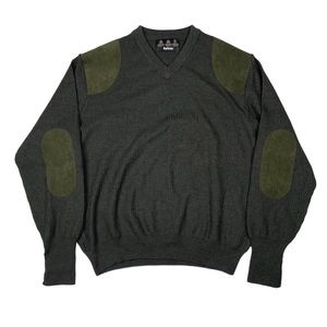 Barbour Loden green merino wool sweater suede elbow patch XXL